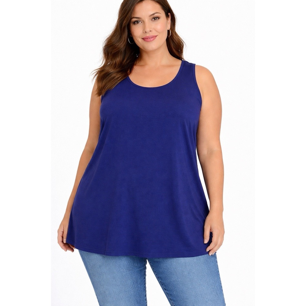 Catherines 3X 26/28W Blue Sleeveless Tunic Tank Top Cotton Stretch Plus Basic